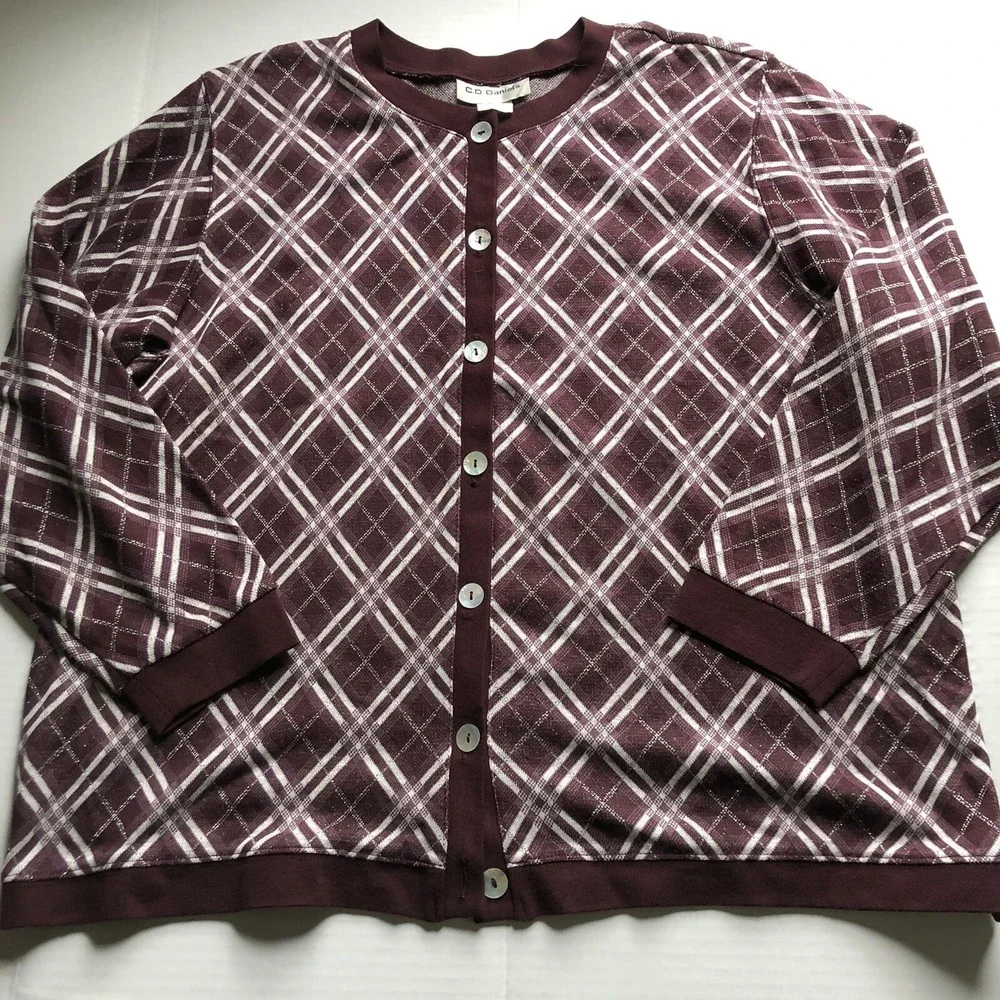 CD Daniels Red Silver Metallic Plaid Cardigan Sweater Plus Size 2X a1934